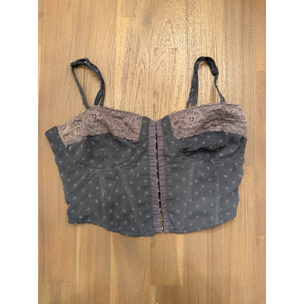 LA Hearts Corset Top Grey Lace Trim Hook Eye Front Lace Up Back Small